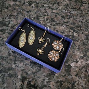 Three pair of antique-toned costume earrings